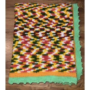 VINTAGE 70s Afghan Throw Blanket RETRO BOHO COTTAGE CHIC ORANGE GREEN PINK 72”